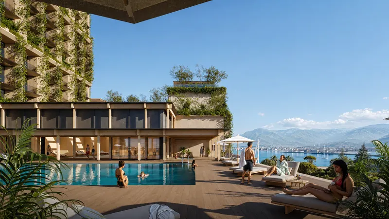 Pool terrace with loungers overlooking the harbour (architectural visualisation)