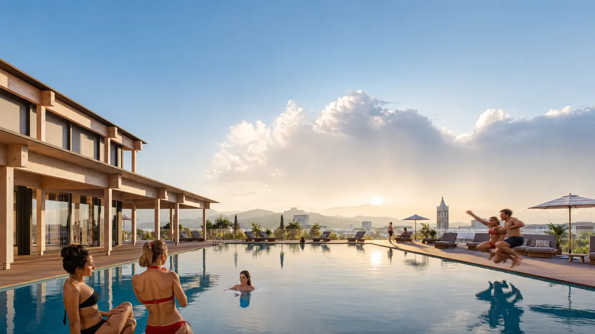 Rooftop pool and sun terrace with loungers overlooking Batumi and the mountains (architectural visualisation)