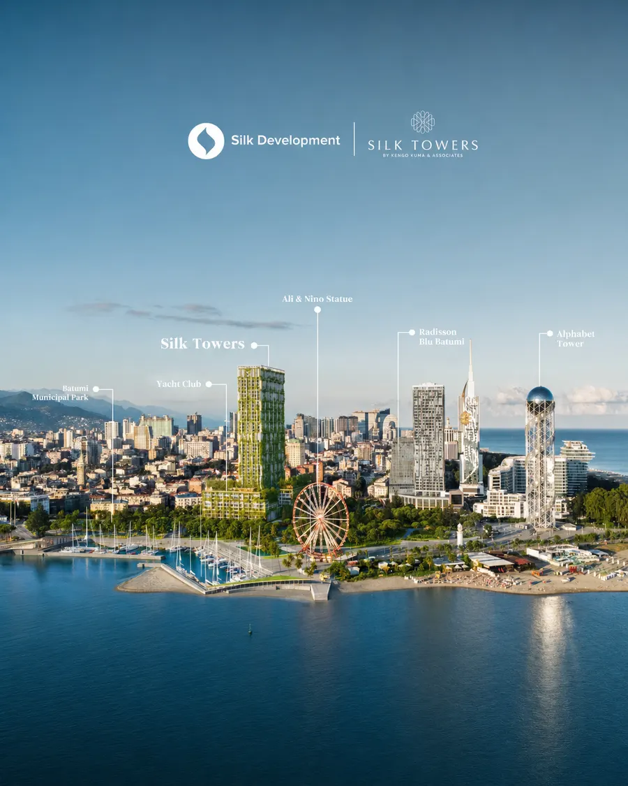 Silk Towers on the Batumi seafront among Ali & Nino, the Yacht Club, Alphabet Tower, Radisson Blu and the Municipal Park (location map)