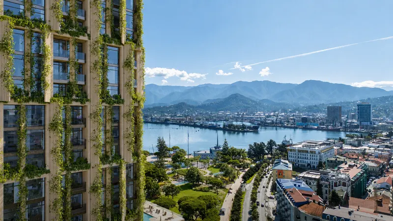 Silk Towers above Batumi's harbour and mountains (architectural visualisation)
