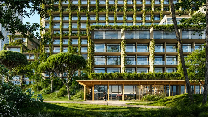 Planted facade above the landscaped park (architectural visualisation)