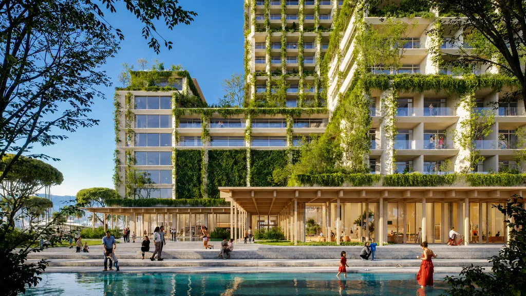 Silk Towers planted concrete facade above a timber garden pavilion and pool (architectural visualisation)