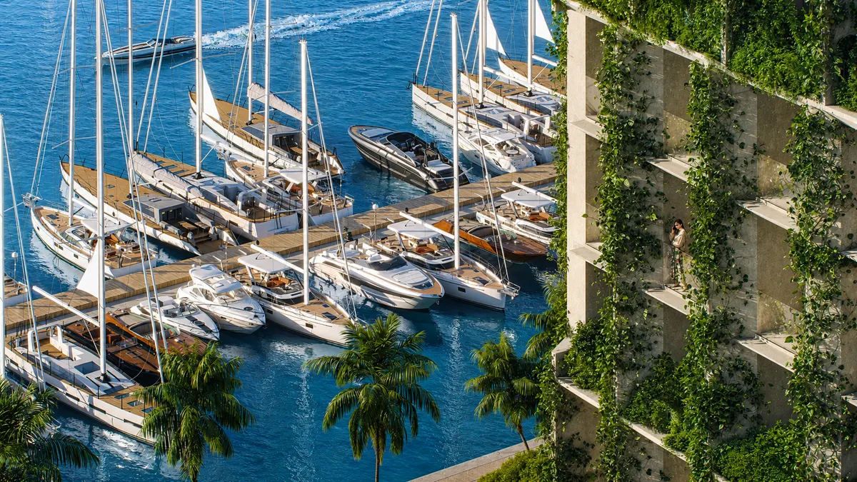 Marina and yacht club beside the planted facade (architectural visualisation)