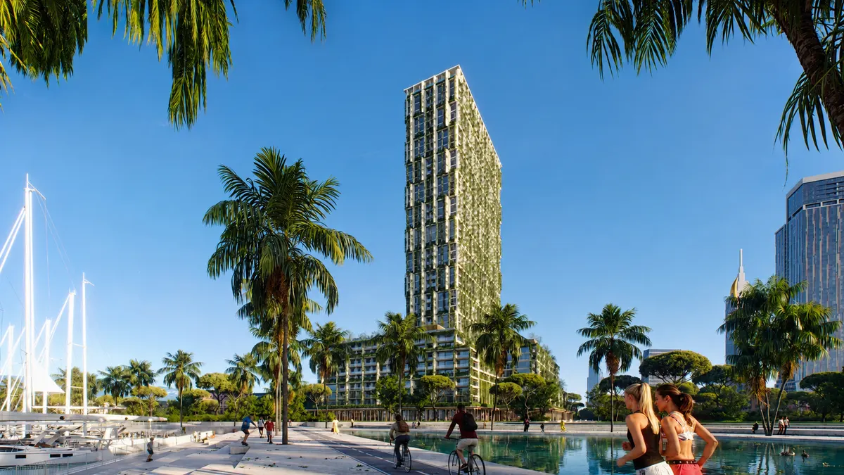 Silk Towers tower above the marina and palms by day (architectural visualisation)