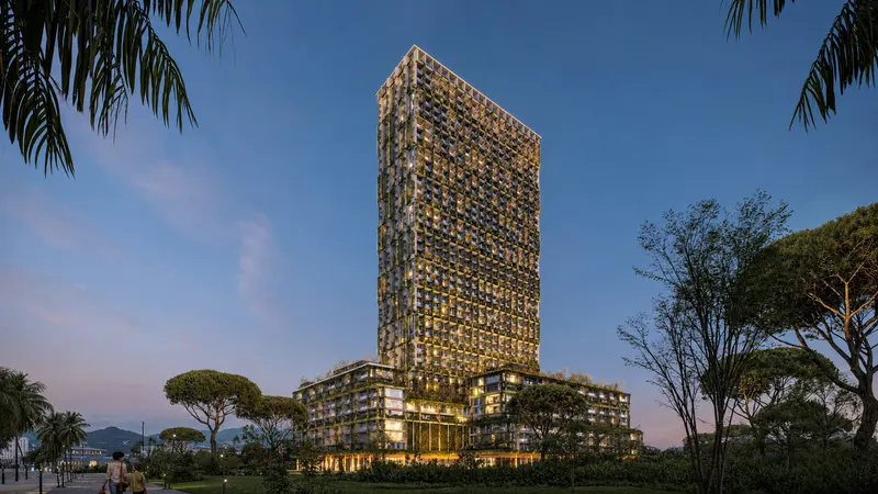 Silk Towers tower illuminated at dusk above the landscaped grounds (architectural visualisation)