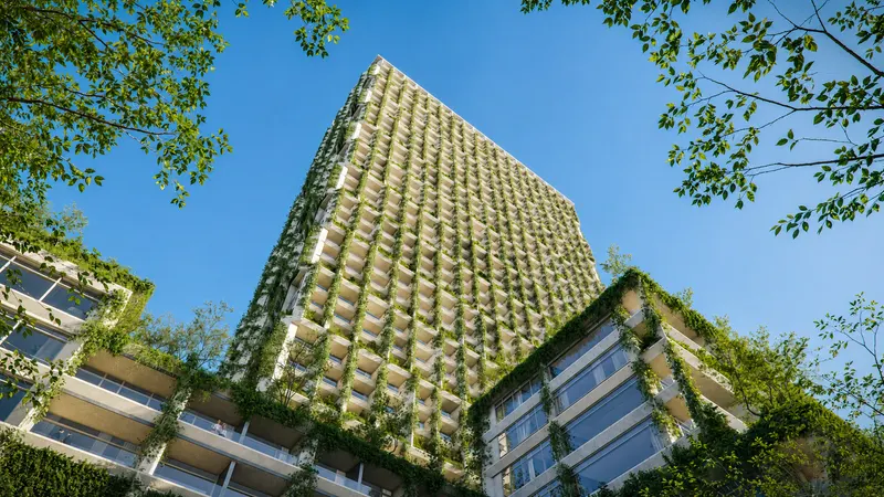Looking up the green planted facade of Silk Towers (architectural visualisation)