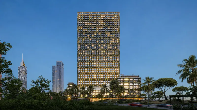 Silk Towers tower lit at dusk against the Batumi skyline (architectural visualisation)