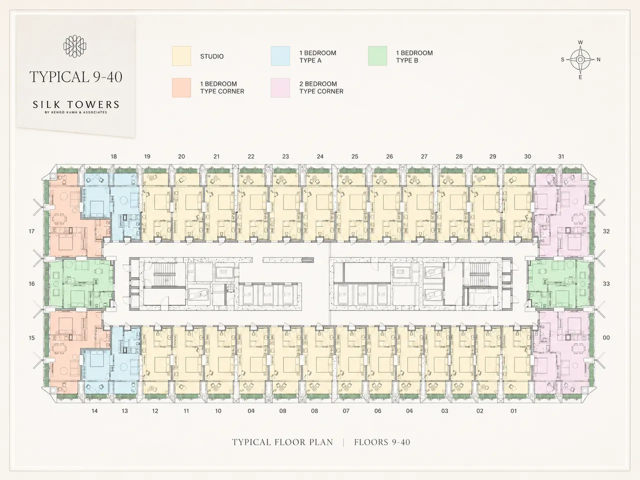 Silk Towers Tower 1 typical floor plan, floors 9–40 — studio, 1-bedroom Type A, Type B, corner and 2-bedroom corner units, colour-coded (floor plan)