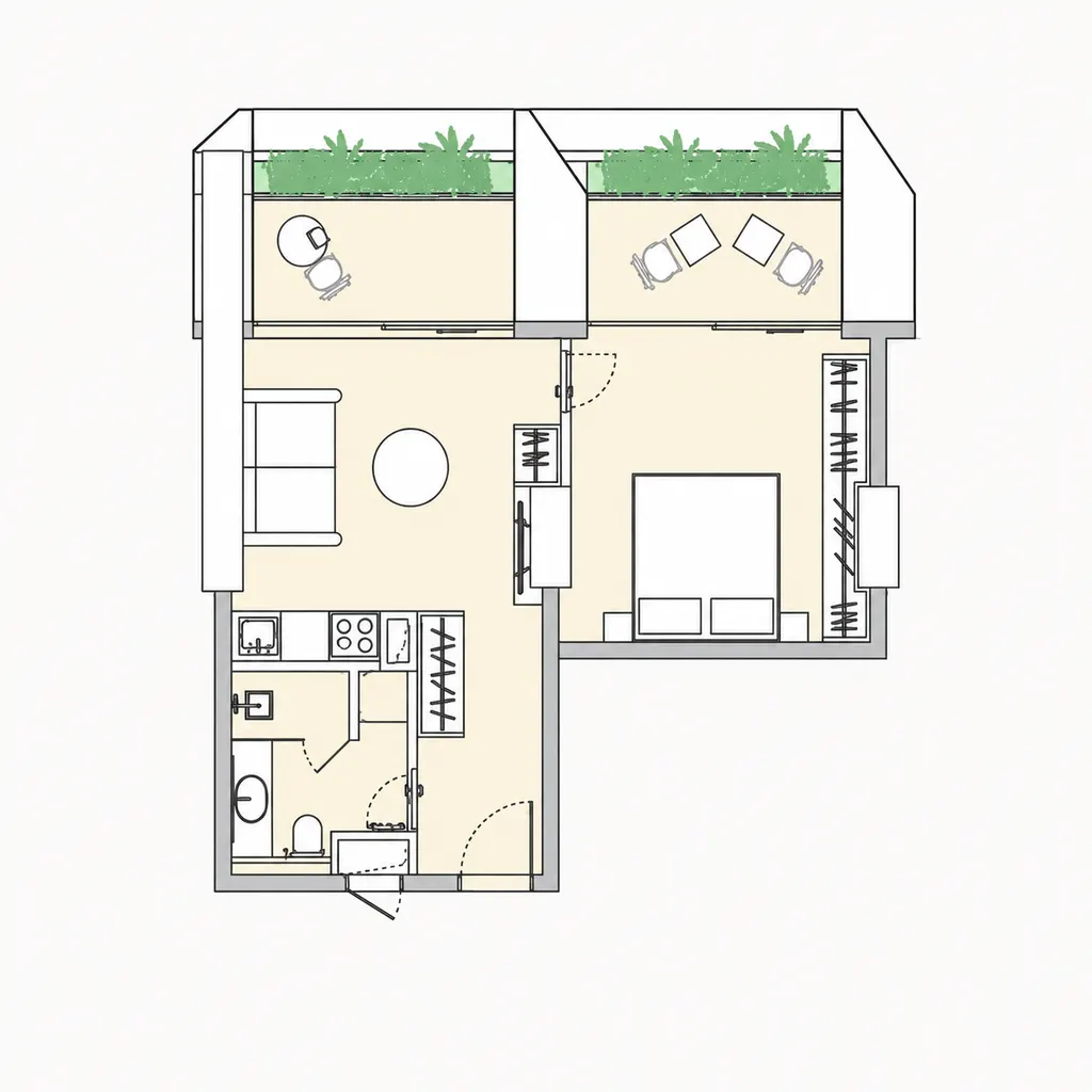 Silk Towers 1-bedroom corner apartment floor plan with balcony (floor plan)