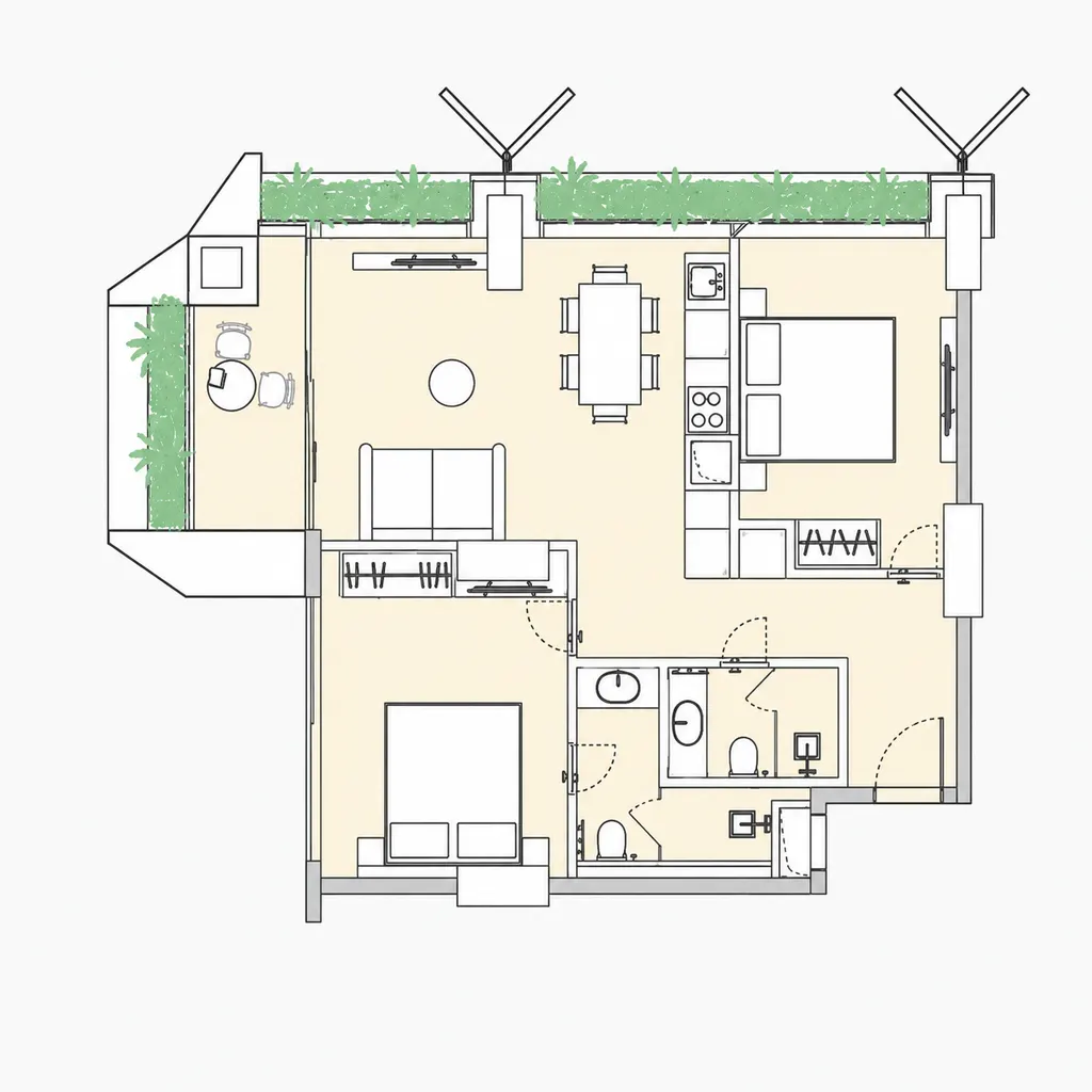 Silk Towers 2-bedroom corner apartment floor plan with two balconies (floor plan)