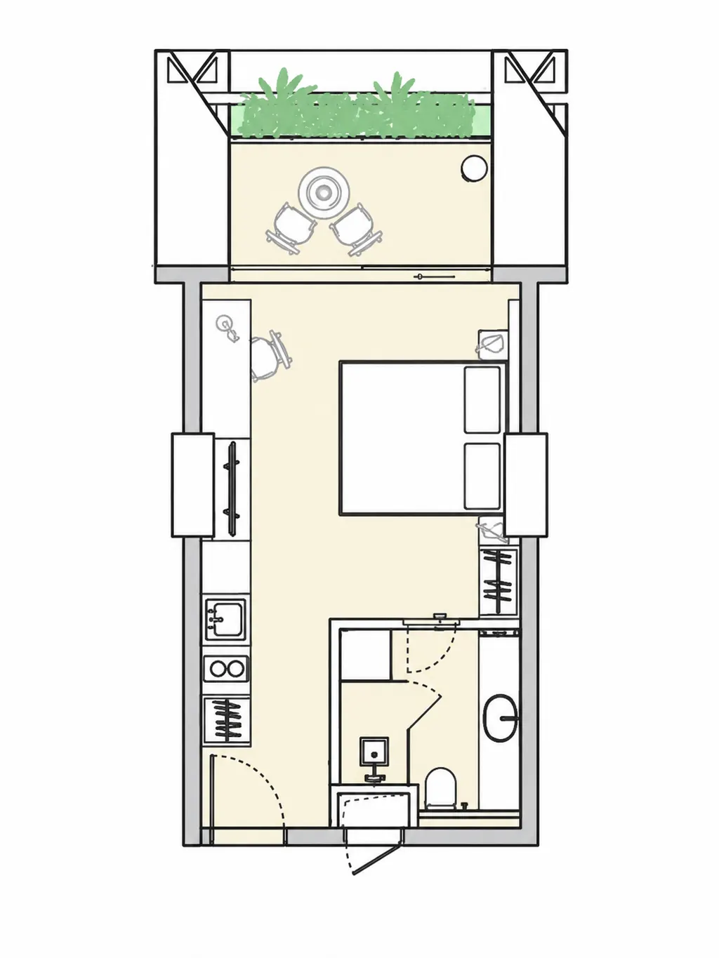 Silk Towers studio apartment floor plan with balcony (floor plan)