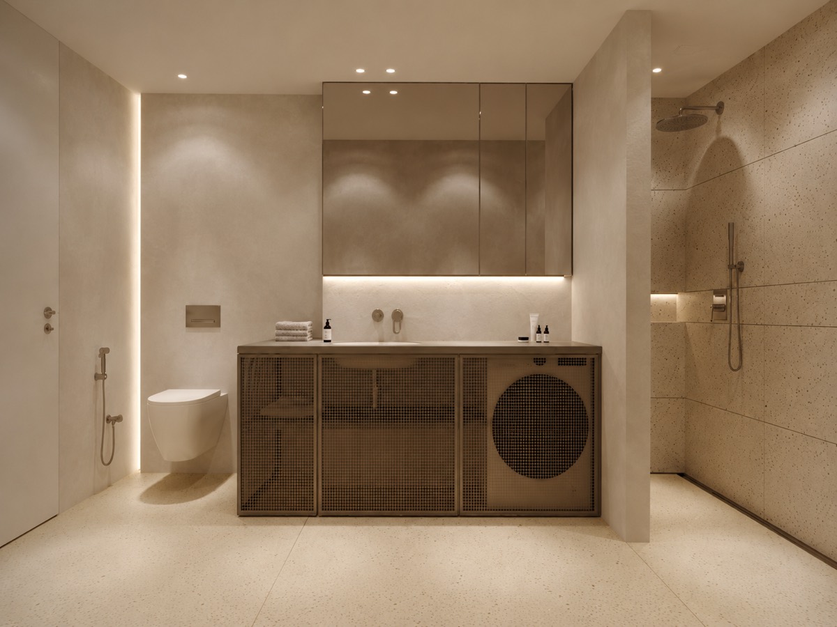Apartment bathroom in concrete finish (interior visualisation)