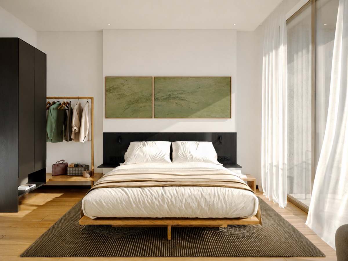 One-bedroom bedroom with balcony access (interior visualisation)
